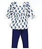 Color:Blue - Image 1 - Little Girls 2T-6X 3/4-Sleeve Printed Lurex Guaze Top & Solid Stretch Knit Leggings Set