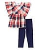 Color:Multi - Image 1 - Little Girls 2T-6X Angel Sleeve Plaid Woven Top & Solid Knit Leggings Set