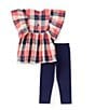 Color:Multi - Image 2 - Little Girls 2T-6X Angel Sleeve Plaid Woven Top & Solid Knit Leggings Set