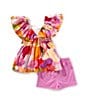 Bonnie Jean Little Girls Bell Sleeve Peasant Top With Lace Trim & Solid Knit Short, Color:Multi - Image 2