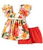 Color:Orange - Image 1 - Little Girls 2T-6X Bell Sleeve Printed Peasant Top & Solid Knit Shorts Set