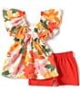 Color:Orange - Image 2 - Little Girls 2T-6X Bell Sleeve Printed Peasant Top & Solid Knit Shorts Set