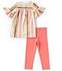 Color:Multi - Image 2 - Little Girls 2T-6X Bell-Sleeve Striped Knit Tunic Top & Solid Capri Leggings Set