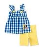 Color:Blue/Yellow - Image 1 - Little Girls 2T-6X Bumblebee Appliqued Checked Seersucker Tunic Top & Solid Knit Biker Shorts Set
