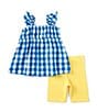 Color:Blue/Yellow - Image 2 - Little Girls 2T-6X Bumblebee Appliqued Checked Seersucker Tunic Top & Solid Knit Biker Shorts Set