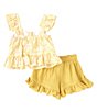 Color:Mustard - Image 2 - Little Girls 2T-6X Embroidered Checked Top & Solid Ruffled Gauze Shorts
