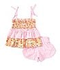 Color:Pink - Image 1 - Little Girls 2T-6X Floral Print Smocked Peplum Tank Top & Gingham Shorts Set
