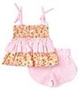 Color:Pink - Image 2 - Little Girls 2T-6X Floral Print Smocked Peplum Tank Top & Gingham Shorts Set