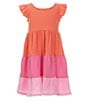 Color:Pink - Image 1 - Little Girls 2T-6X Flutter-Sleeve Color Block Tiered Textured-Knit Fit & Flare Dress