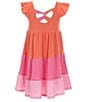 Color:Pink - Image 2 - Little Girls 2T-6X Flutter-Sleeve Color Block Tiered Textured-Knit Fit & Flare Dress