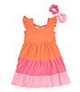 Color:Pink - Image 3 - Little Girls 2T-6X Flutter-Sleeve Color Block Tiered Textured-Knit Fit & Flare Dress