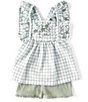 Color:Sage - Image 1 - Little Girls 2T-6X Flutter-Sleeve Embroidered Checked Top & Solid Gauze Ruffled Shorts Set