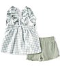 Color:Sage - Image 2 - Little Girls 2T-6X Flutter-Sleeve Embroidered Checked Top & Solid Gauze Ruffled Shorts Set