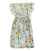 Color:Aqua - Image 2 - Little Girls 2T-6X Flutter Sleeve Floral-Print Linen-Blend Fit & Flare Dress