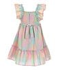 Color:Multi - Image 2 - Little Girls 2T-6X Flutter-Sleeve Mixed-Media-Plaid Linen-Look Fit-And-Flare Dress