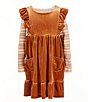 Color:Brown - Image 1 - Little Girls 2T-6X Flutter Sleeve Stretch Velvet Jumper Dress & Long-Sleeve Striped Top Set