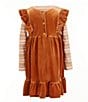 Color:Brown - Image 2 - Little Girls 2T-6X Flutter Sleeve Stretch Velvet Jumper Dress & Long-Sleeve Striped Top Set