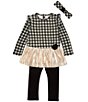 Color:Black/White - Image 1 - Little Girls 2T-6X Long Sleeve Checked/Solid Boudoir Skirted Dress & Solid Knit Leggings Set