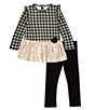 Color:Black/White - Image 2 - Little Girls 2T-6X Long Sleeve Checked/Solid Boudoir Skirted Dress & Solid Knit Leggings Set