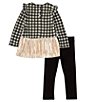 Color:Black/White - Image 3 - Little Girls 2T-6X Long Sleeve Checked/Solid Boudoir Skirted Dress & Solid Knit Leggings Set