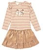 Color:Blush Gold - Image 1 - Little Girls 2T-6X Long Sleeve Lurex Striped Sequin Bow Detailed Top & Tiered Boudoir Skirt
