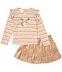 Color:Blush Gold - Image 2 - Little Girls 2T-6X Long Sleeve Lurex Striped Sequin Bow Detailed Top & Tiered Boudoir Skirt