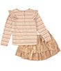 Color:Blush Gold - Image 3 - Little Girls 2T-6X Long Sleeve Lurex Striped Sequin Bow Detailed Top & Tiered Boudoir Skirt
