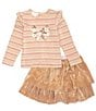 Color:Blush - Image 2 - Little Girls 2T-6X Long-Sleeve Sequin Bow Top and Skirt Set