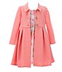 Color:Coral - Image 1 - Little Girls 2T-6X Long-Sleeve Textured-Knit Coat & Sleeveless Floral Shantung Fit-And-Flare Dress Set