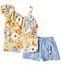 Color:Yellow - Image 1 - Little Girls 2T-6X One-Shoulder Floral Printed Top & Striped Shorts Set
