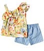 Color:Yellow - Image 2 - Little Girls 2T-6X One-Shoulder Floral Printed Top & Striped Shorts Set