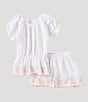 Color:White - Image 1 - Little Girls 2T-6X Puffed Sleeve Floral-Embroidered Hem Seersucker Top & Shorts Set