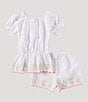 Color:White - Image 2 - Little Girls 2T-6X Puffed Sleeve Floral-Embroidered Hem Seersucker Top & Shorts Set