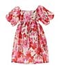 Color:Fuchsia - Image 1 - Little Girls 2T-6X Puffed-Sleeve Floral Satin Fit-And-Flare Dress