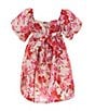 Color:Fuchsia - Image 2 - Little Girls 2T-6X Puffed-Sleeve Floral Satin Fit-And-Flare Dress