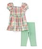 Color:Green - Image 1 - Little Girls 2T-6X Puffed-Sleeve Plaid Seersucker Fit-And-Flare Dress & Solid Knit Capri Leggings Set