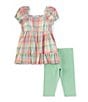 Color:Green - Image 2 - Little Girls 2T-6X Puffed-Sleeve Plaid Seersucker Fit-And-Flare Dress & Solid Knit Capri Leggings Set