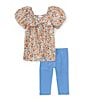 Color:Blue - Image 1 - Little Girls 2T-6X Puffed-Sleeve Printed Eyelet-Embroidered Top & Solid Knit Capri Leggings Set