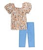 Color:Blue - Image 2 - Little Girls 2T-6X Puffed-Sleeve Printed Eyelet-Embroidered Top & Solid Knit Capri Leggings Set