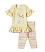 Color:Yellow - Image 2 - Little Girls 2T-6X Short Bell Sleeve Knit Bunny Top & Capri Pants Set