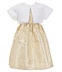 Color:Gold - Image 1 - Little Girls 2T-6X Short Sleeve Faux-Fur Shrug & Short-Sleeve Floral/Metallic Jacquard Fit-And-Flare Dress Set