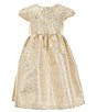 Color:Gold - Image 2 - Little Girls 2T-6X Short Sleeve Faux-Fur Shrug & Short-Sleeve Floral/Metallic Jacquard Fit-And-Flare Dress Set