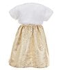Color:Gold - Image 3 - Little Girls 2T-6X Short Sleeve Faux-Fur Shrug & Short-Sleeve Floral/Metallic Jacquard Fit-And-Flare Dress Set