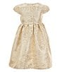 Color:Gold - Image 4 - Little Girls 2T-6X Short Sleeve Faux-Fur Shrug & Short-Sleeve Floral/Metallic Jacquard Fit-And-Flare Dress Set