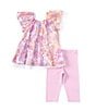 Color:Mauve - Image 2 - Little Girls 2T-6X Short Sleeve Floral Mesh Flyaway Top & Striped Knit Capri Leggings