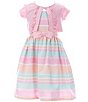Color:Pink - Image 1 - Little Girls 2T-6X Short-Sleeve Knit Cardigan & Sleeveless Striped Linen-Look Fit-And-Flare Dress Set