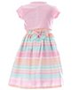 Color:Pink - Image 3 - Little Girls 2T-6X Short-Sleeve Knit Cardigan & Sleeveless Striped Linen-Look Fit-And-Flare Dress Set