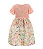 Color:Peach - Image 2 - Little Girls 2T-6X Short Sleeve Knit Cardigan & Watercolor-Floral Jacquard Dress