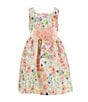Color:Peach - Image 3 - Little Girls 2T-6X Short Sleeve Knit Cardigan & Watercolor-Floral Jacquard Dress