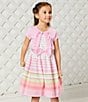Color:Pink - Image 5 - Little Girls 2T-6X Short Sleeve Solid Cardigan & Multi Stripe Dress